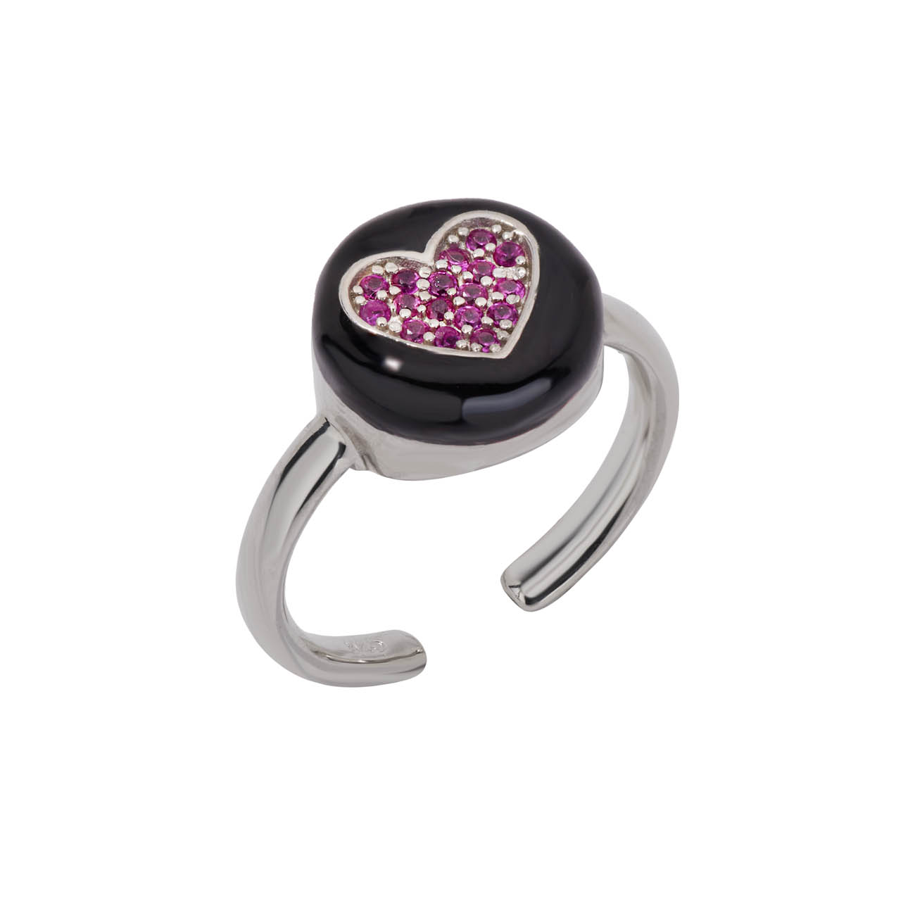 Δαχτυλίδι από ασήμι 925 με μαύρο σμάλτο και καρδιά με ζιργκόν