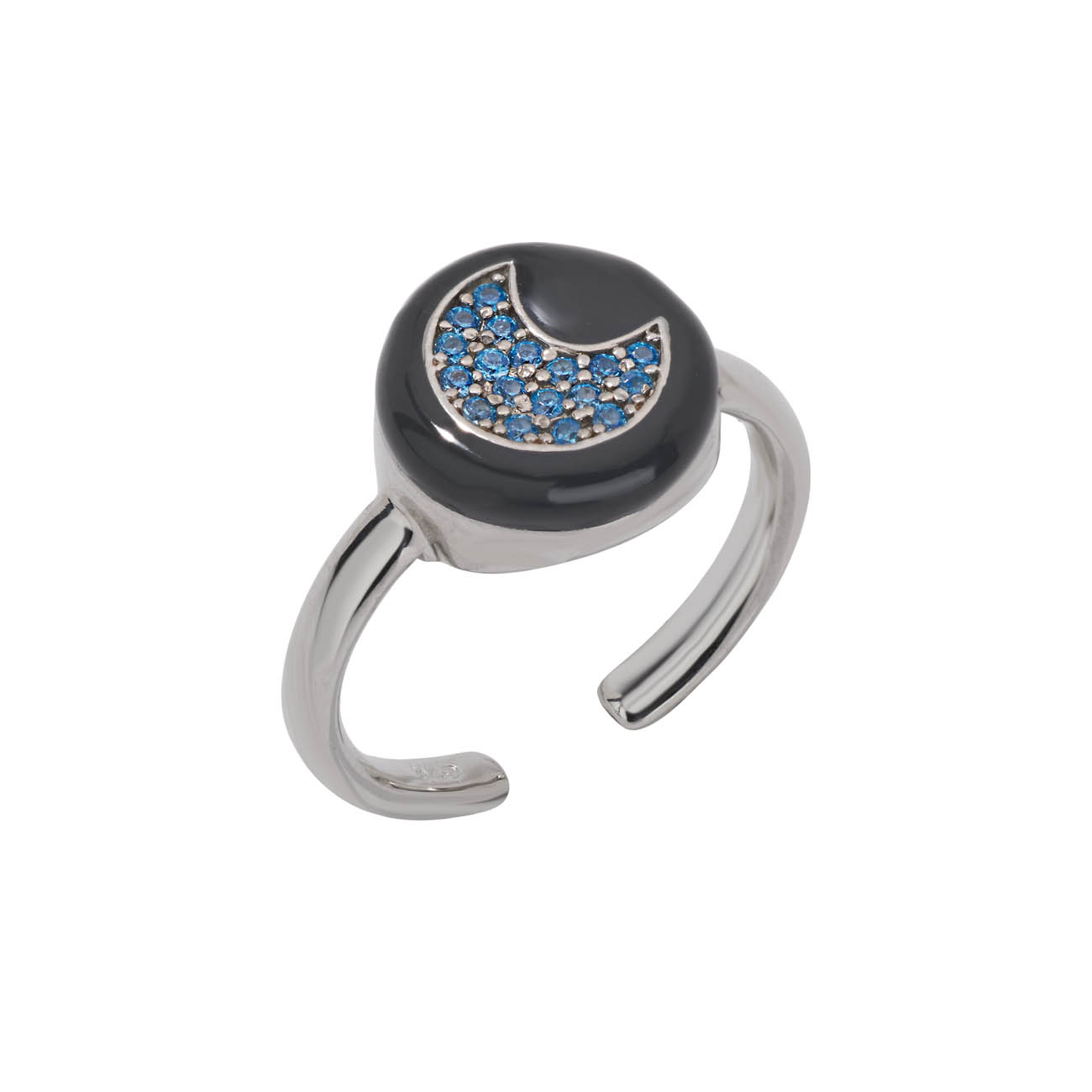 Δαχτυλίδι από ασήμι 925 με γκρι σκούρο σμάλτο και φεγγάρι με ζιργκόν