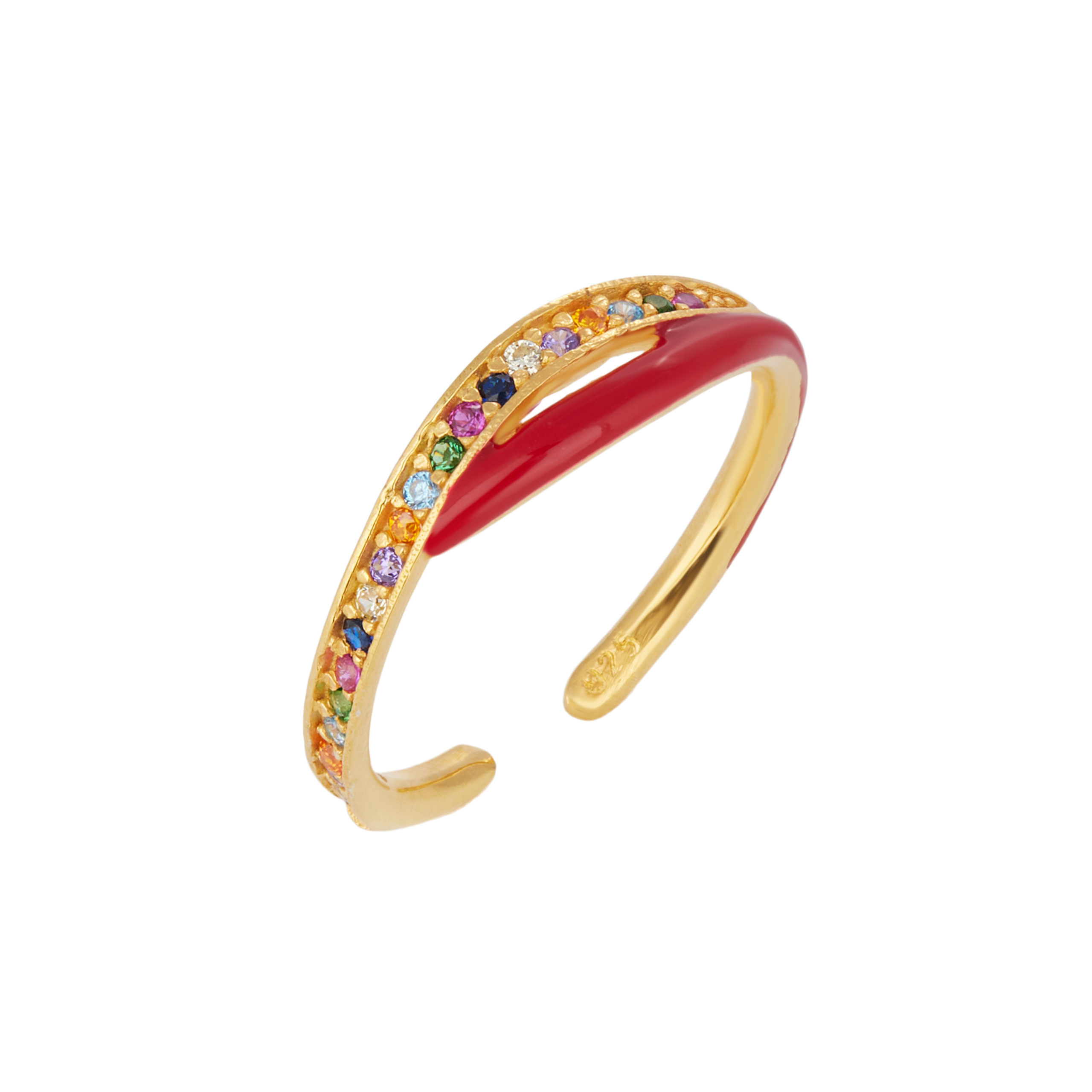 Δαχτυλίδι από ασήμι 925 κύμα με κόκκινο σμάλτο και πολύχρωμα ζιργκόν