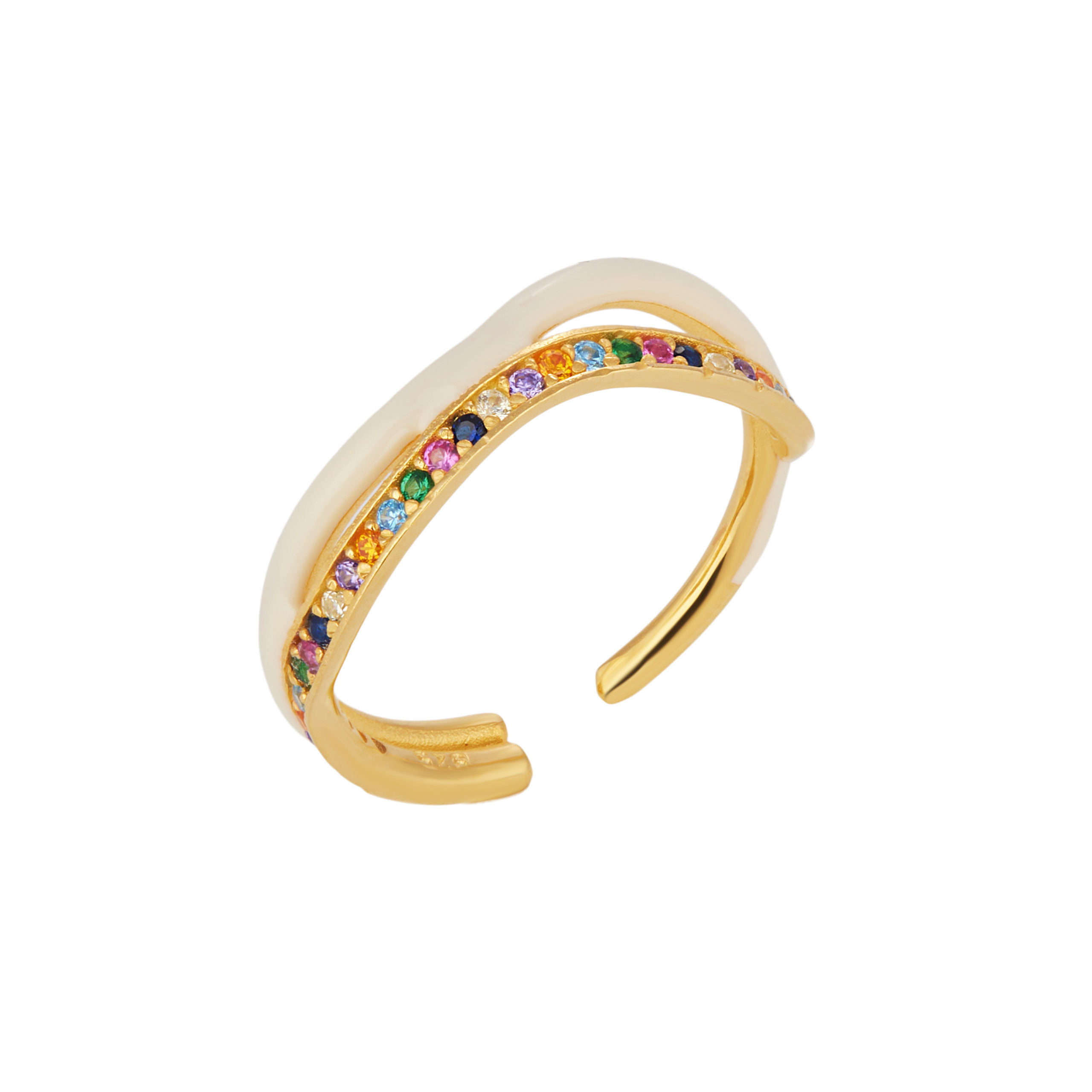 Δαχτυλίδι διπλό από ασήμι 925 κύμα με ιβουάρ σμάλτο και πολύχρωμα ζιργκόν