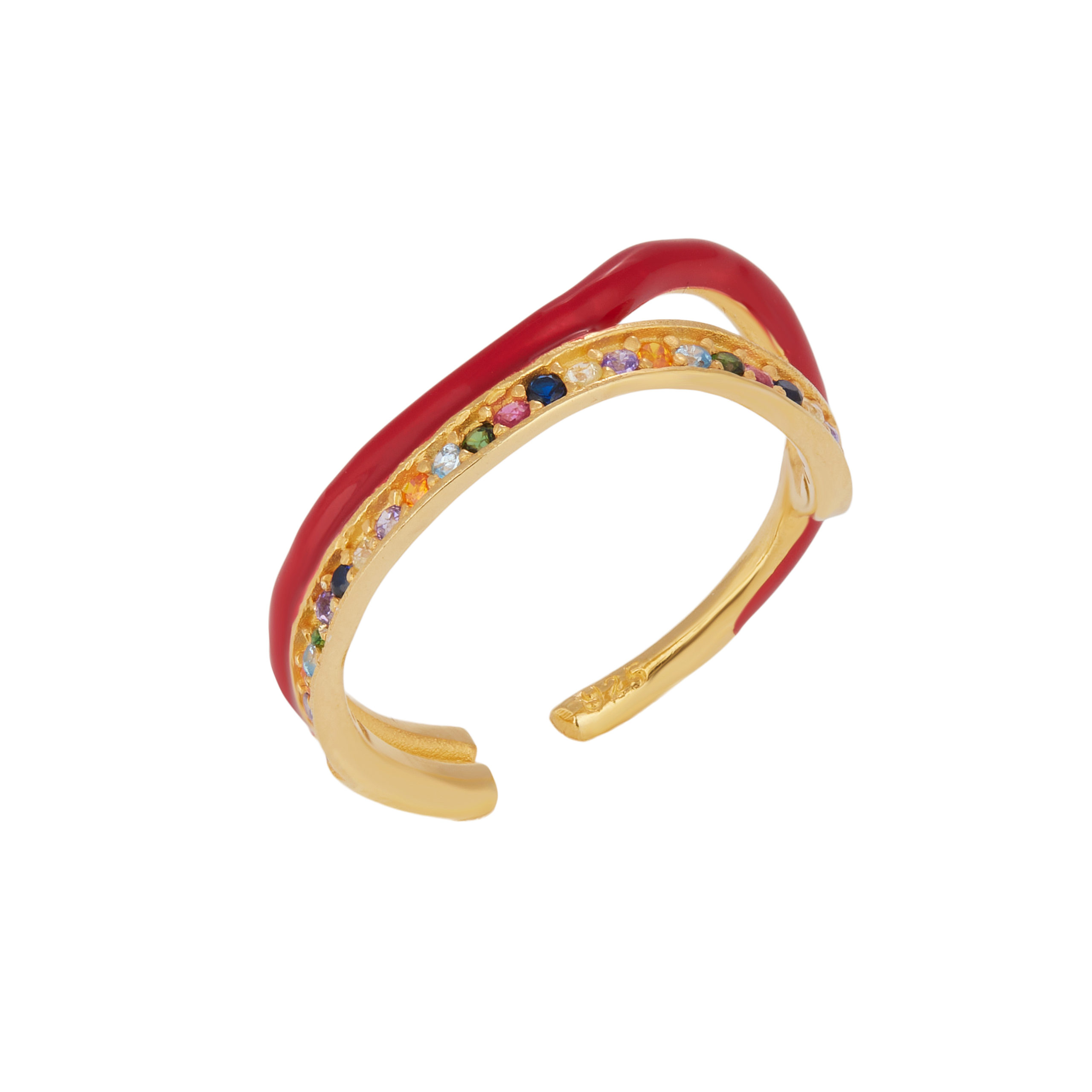 Δαχτυλίδι διπλό από ασήμι 925 κύμα με κόκκινο σμάλτο και πολύχρωμα ζιργκόν